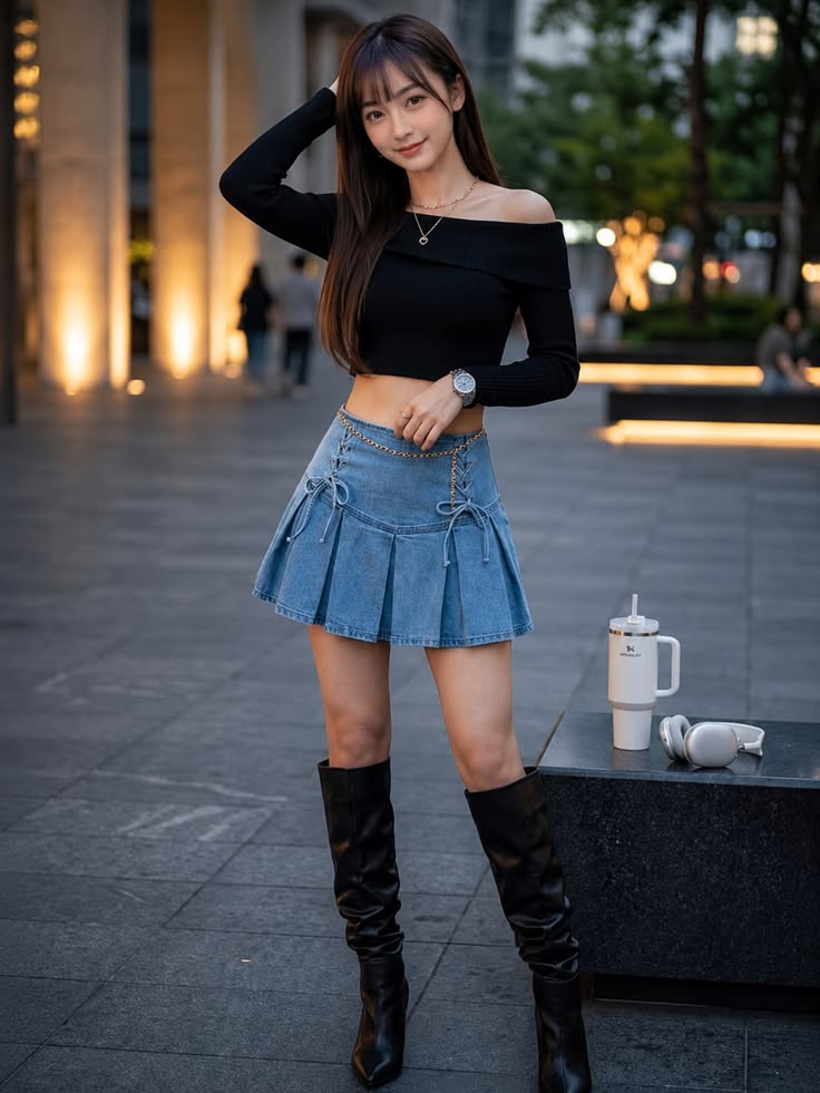 Women Light Blue Lace-Up Denim Skirt