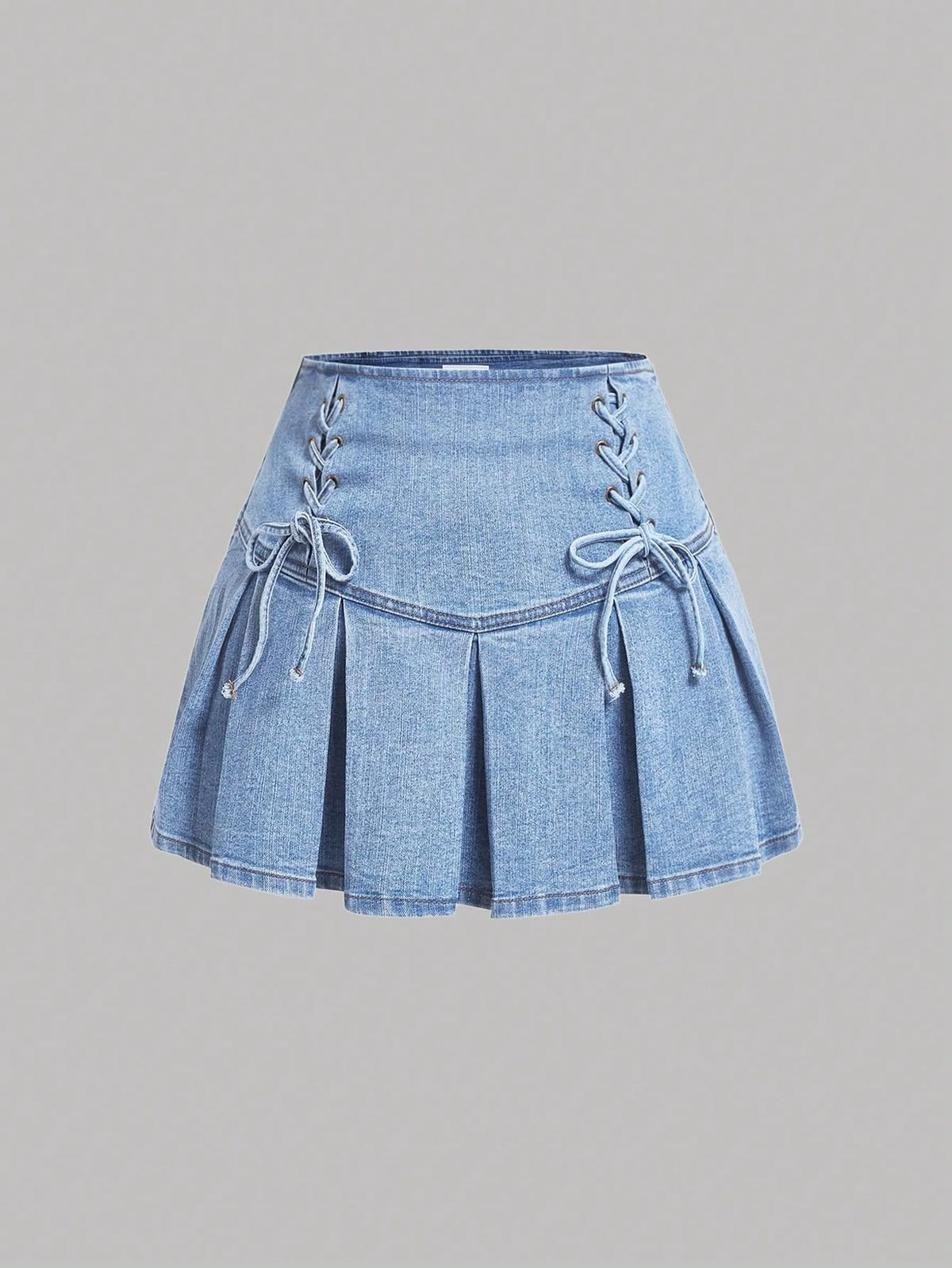 Women Light Blue Lace-Up Denim Skirt