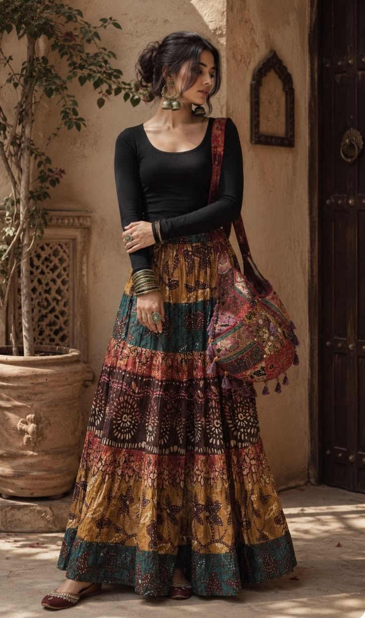 Women Printed Mirror Work Maxi Skirt