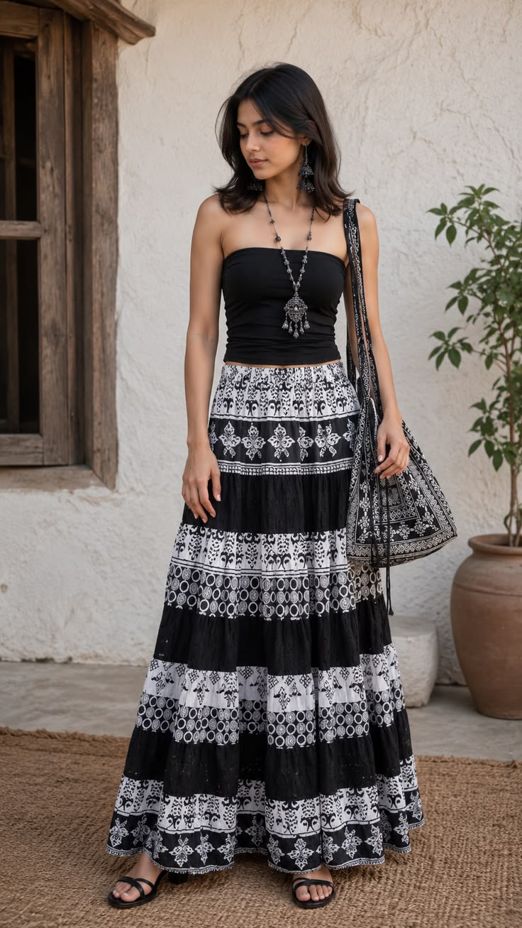 Women Black White Printed Tiered Maxi Skirt