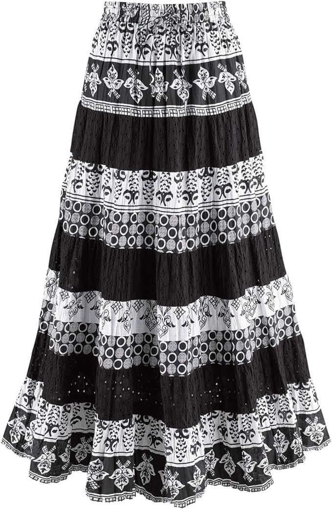 Women Black White Printed Tiered Maxi Skirt