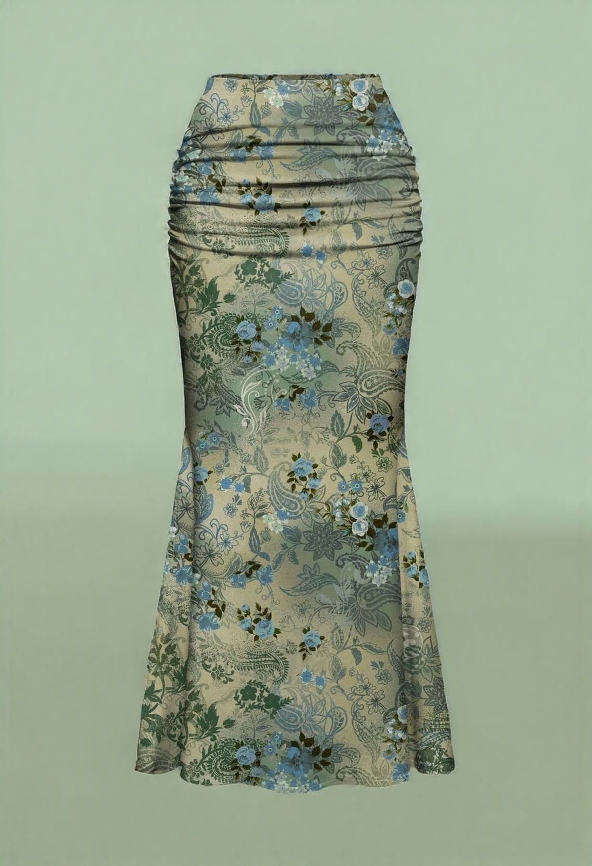 Women Sage Green Floral Ruched Mermaid Skirt