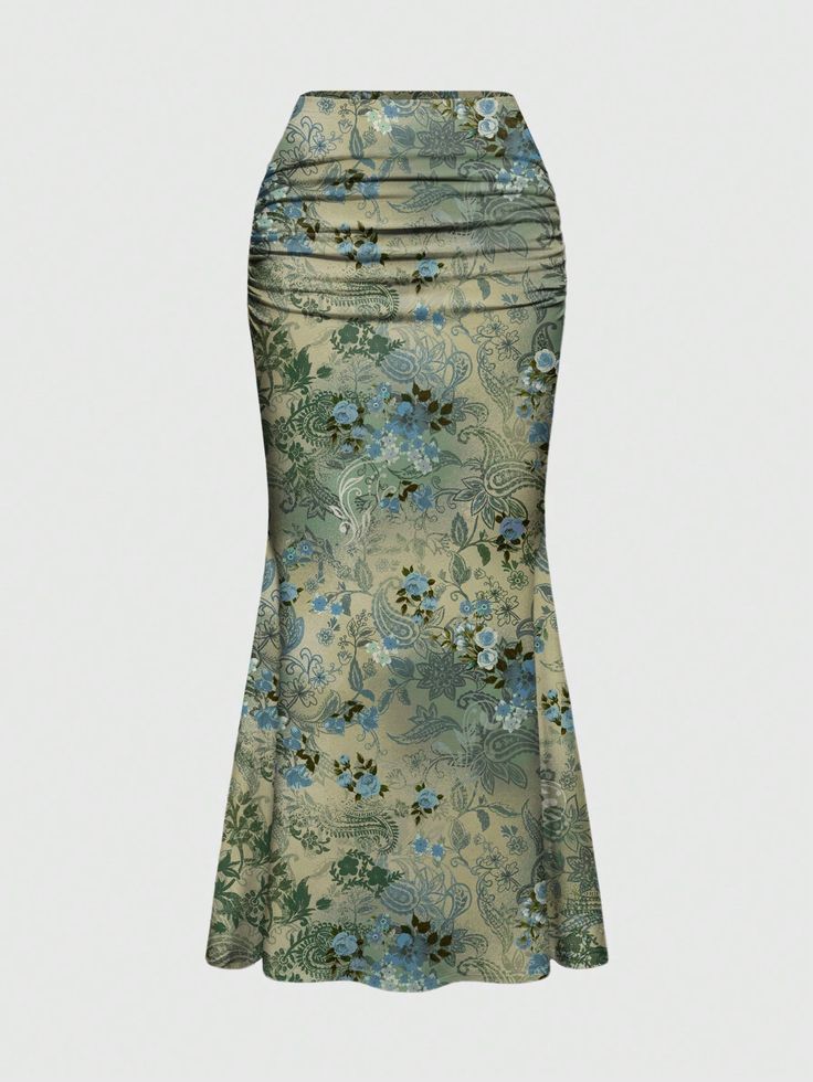 Women Sage Green Floral Ruched Mermaid Skirt