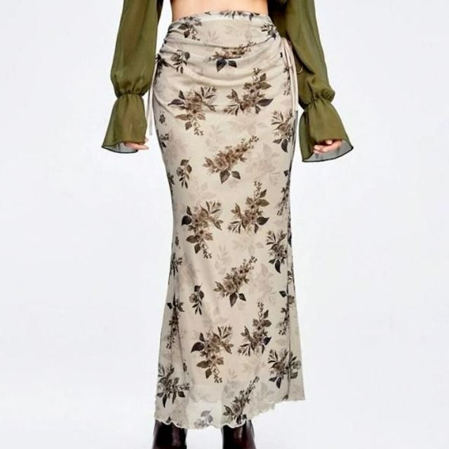 Women Beige Floral Ruched Midi Skirt