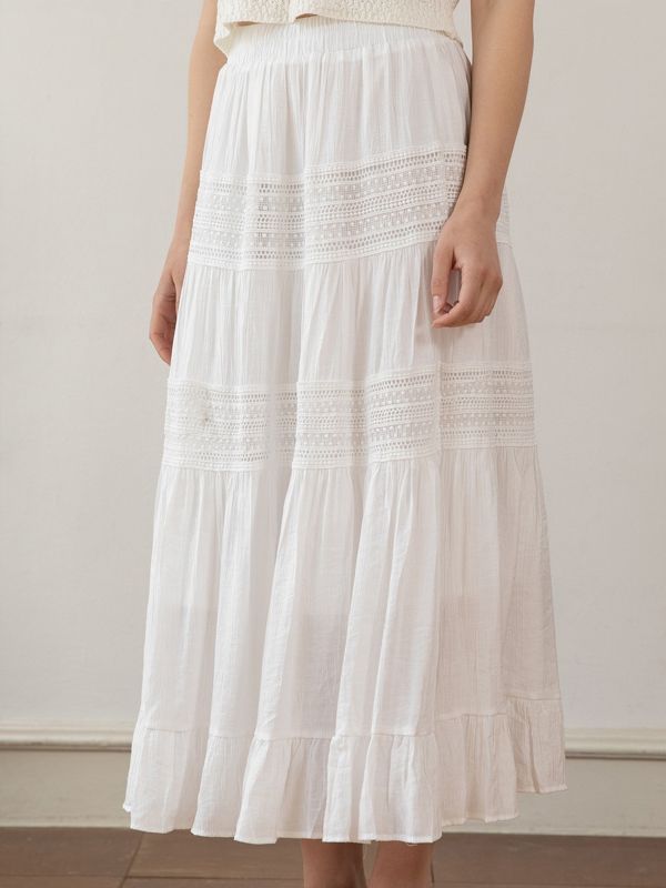 Women White Cotton Crochet Trim Maxi Skirt
