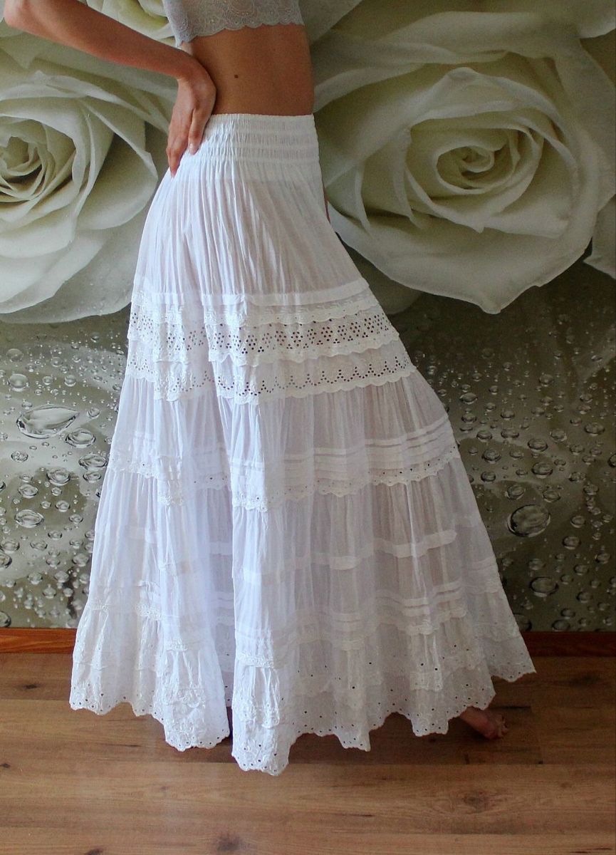 Women White Cotton Crochet Trim Maxi Skirt