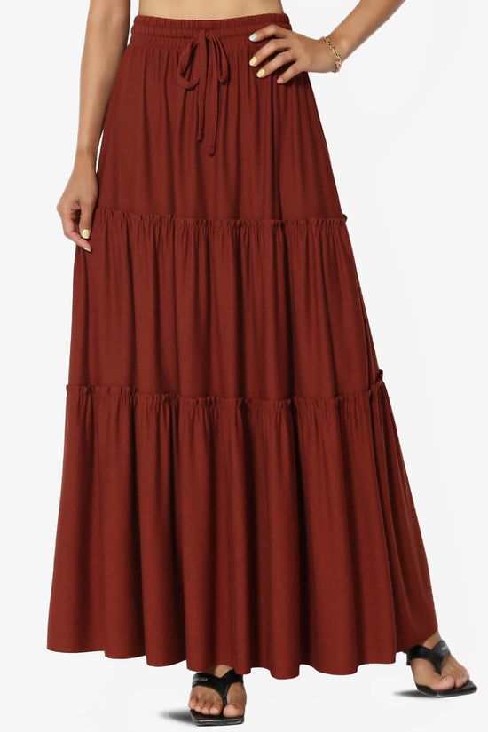 Women Burgundy Tiered Cotton Maxi Skirt