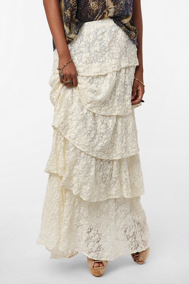 Women Ivory Lace Ruffle Tiered Skirt