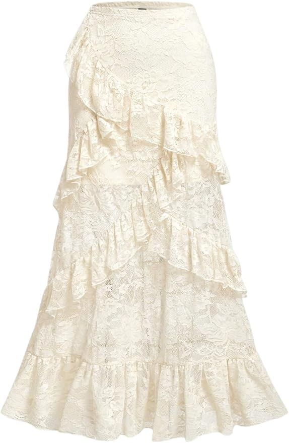 Women Ivory Lace Ruffle Tiered Skirt