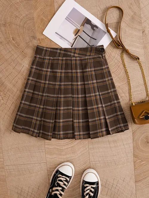 Women Brown Plaid Pleated Mini Skirt