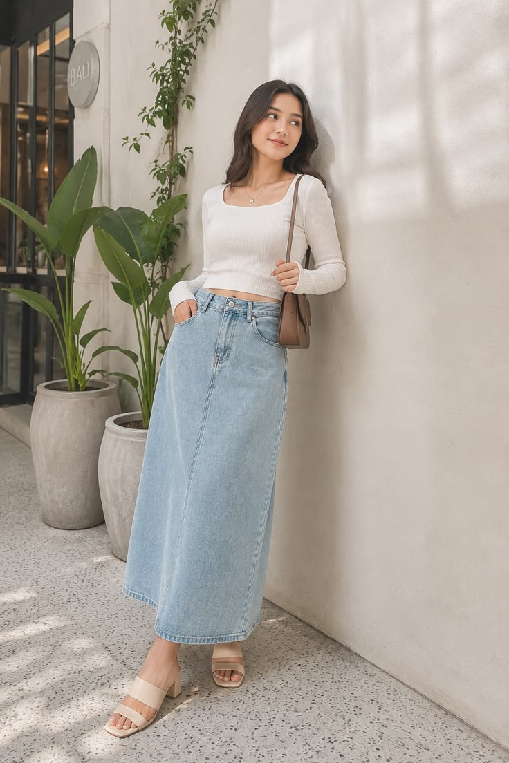Women Light Blue Denim Maxi Skirt