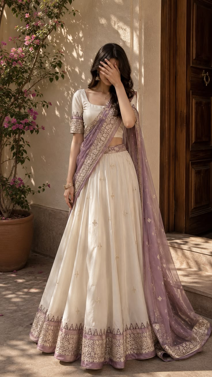 Women Ivory Mauve Border Lehenga Set with Dupatta