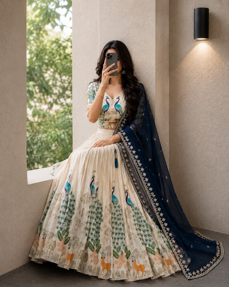 Women Ivory Peacock Print Lehenga with Navy Dupatta