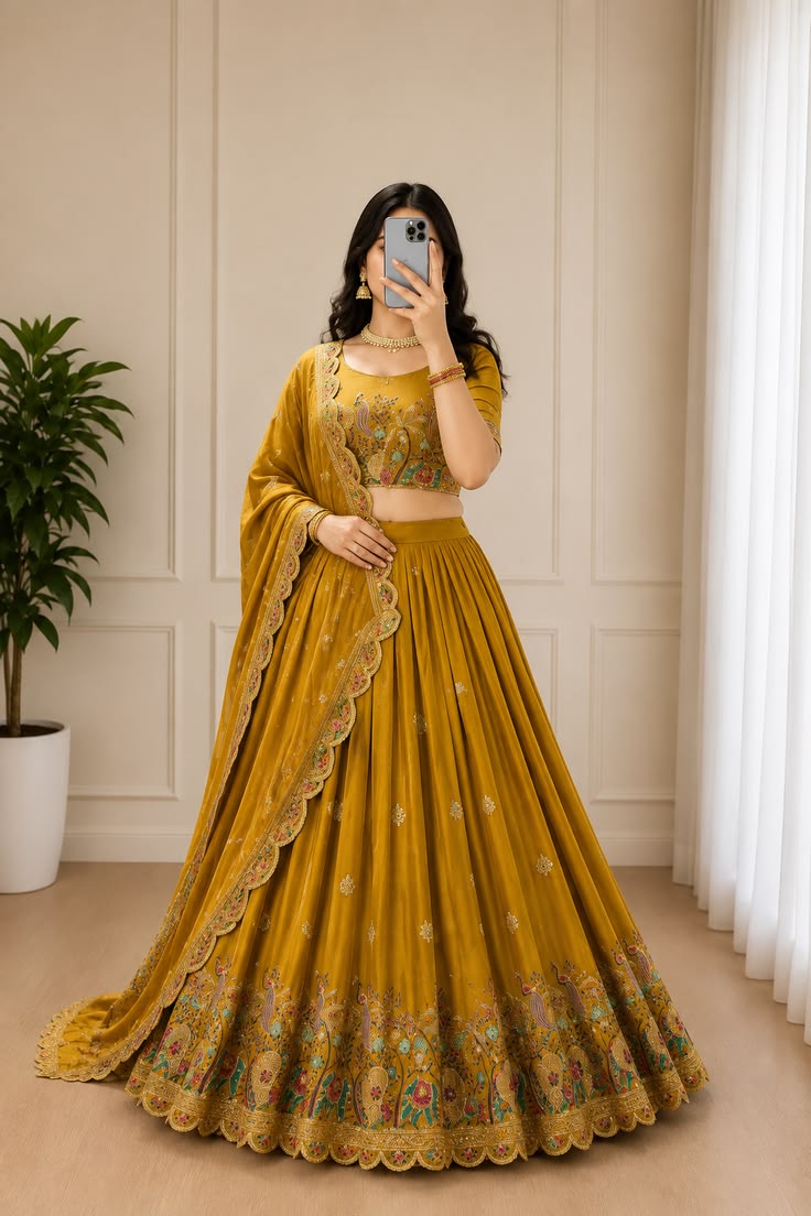 Women Mustard Embroidered Bridal Lehenga Set