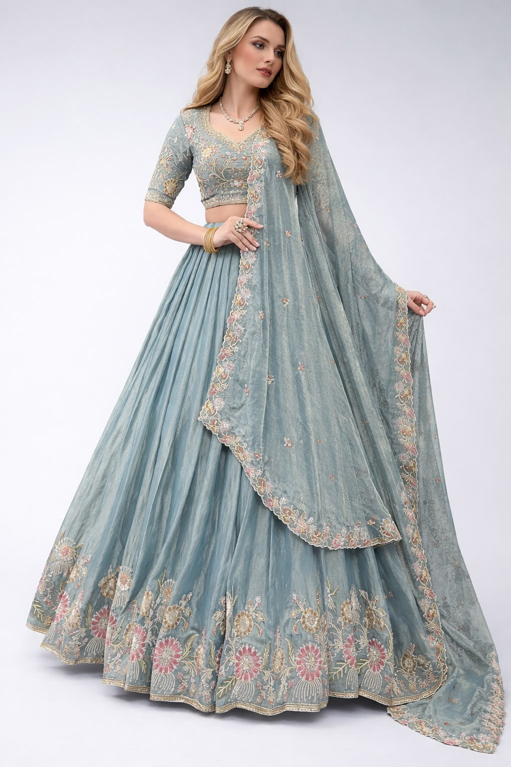 Women Sage Green Floral Embroidered Lehenga Set