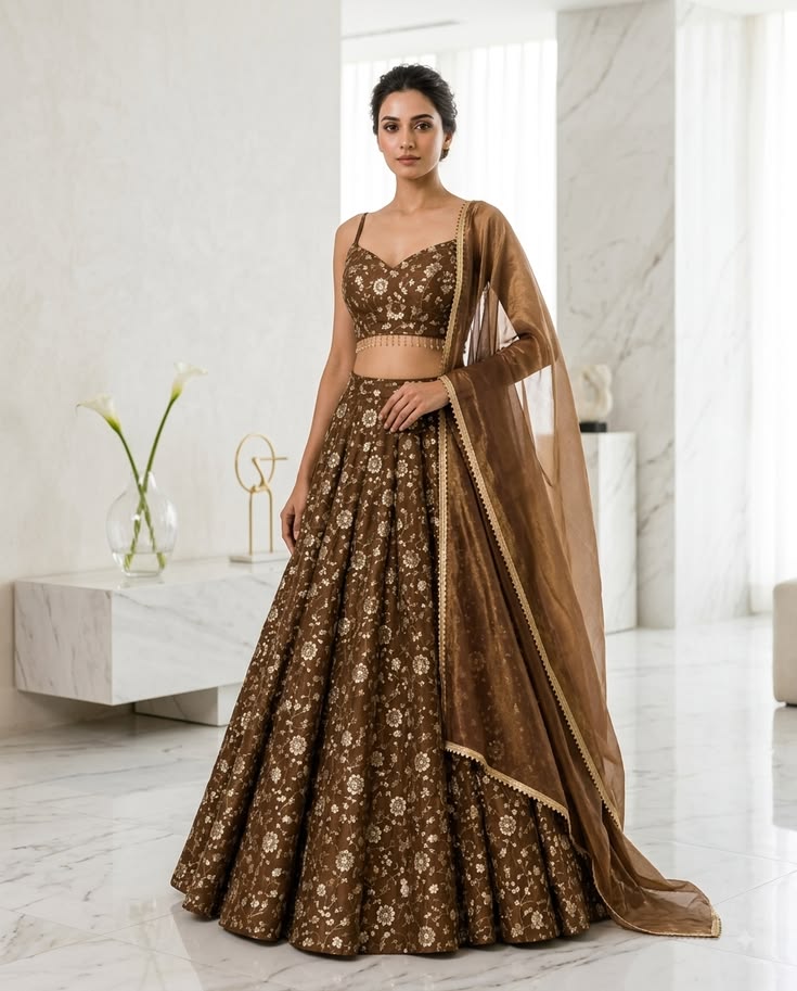 Women Brown Floral Printed Lehenga with Sheer Dupatta