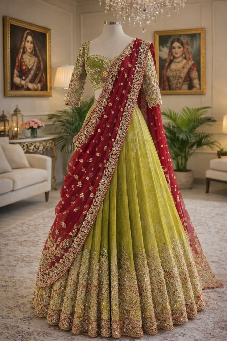 Women Green and Red Embroidered Lehenga with Dupatta