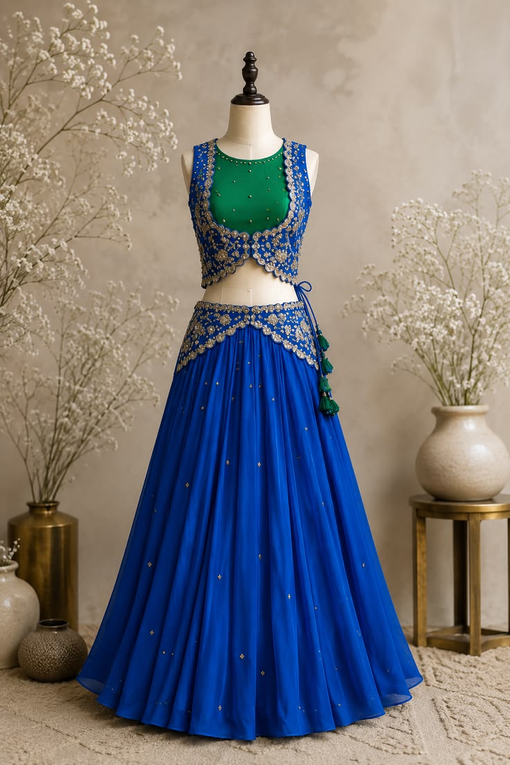 Women Royal Blue Embroidered Lehenga Choli Set