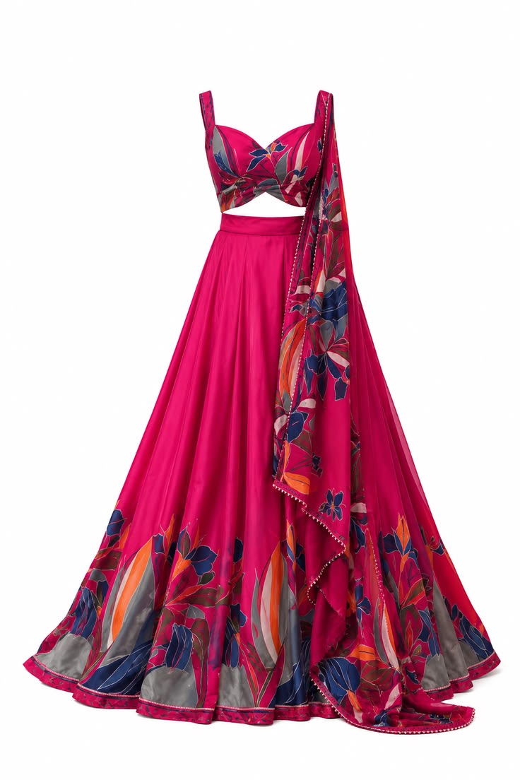 Women Magenta Floral Printed Lehenga with Dupatta