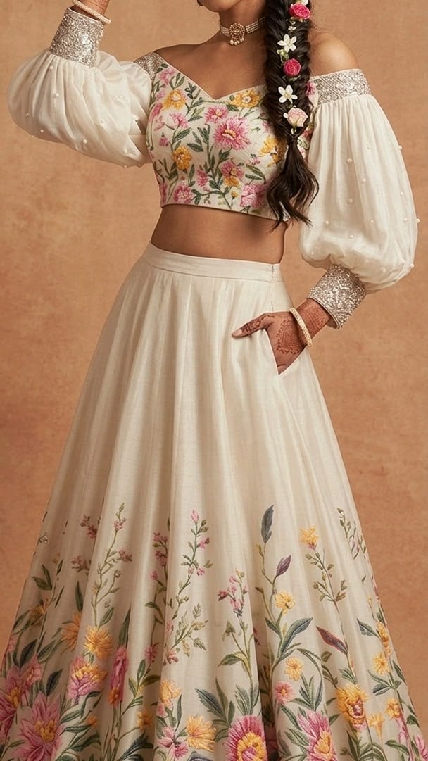 Women Ivory Floral Embroidered Lehenga Set