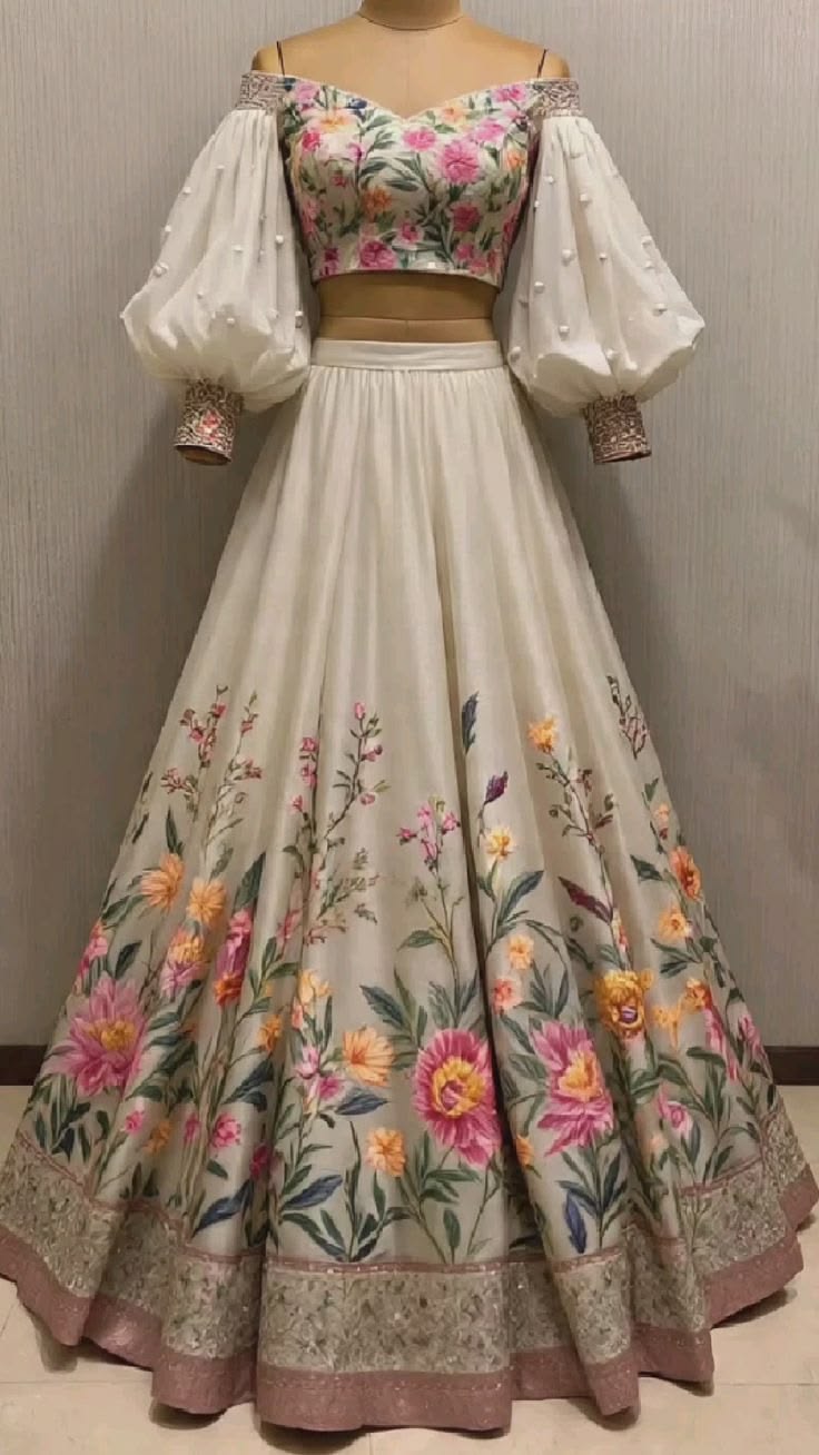 Women Ivory Floral Embroidered Lehenga Set