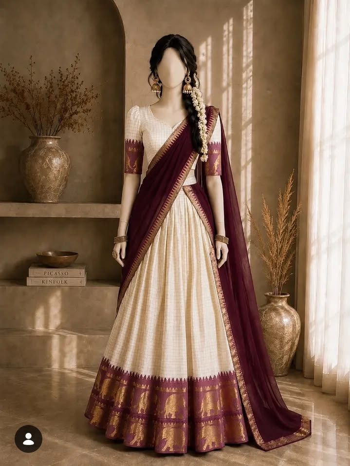 Women Cream Maroon Traditional Lehenga Set