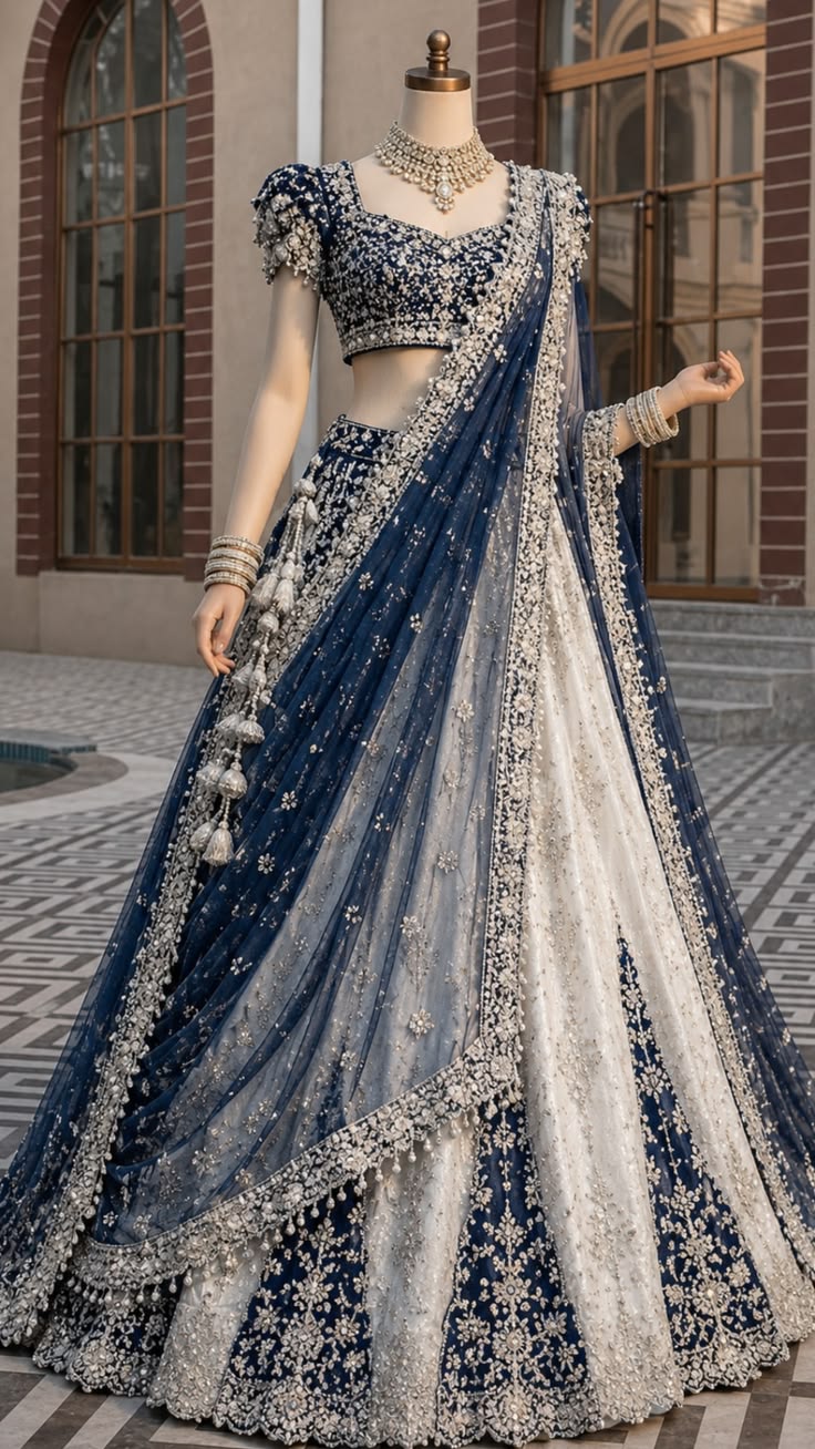 Women Navy Blue Embroidered Lehenga Choli Set