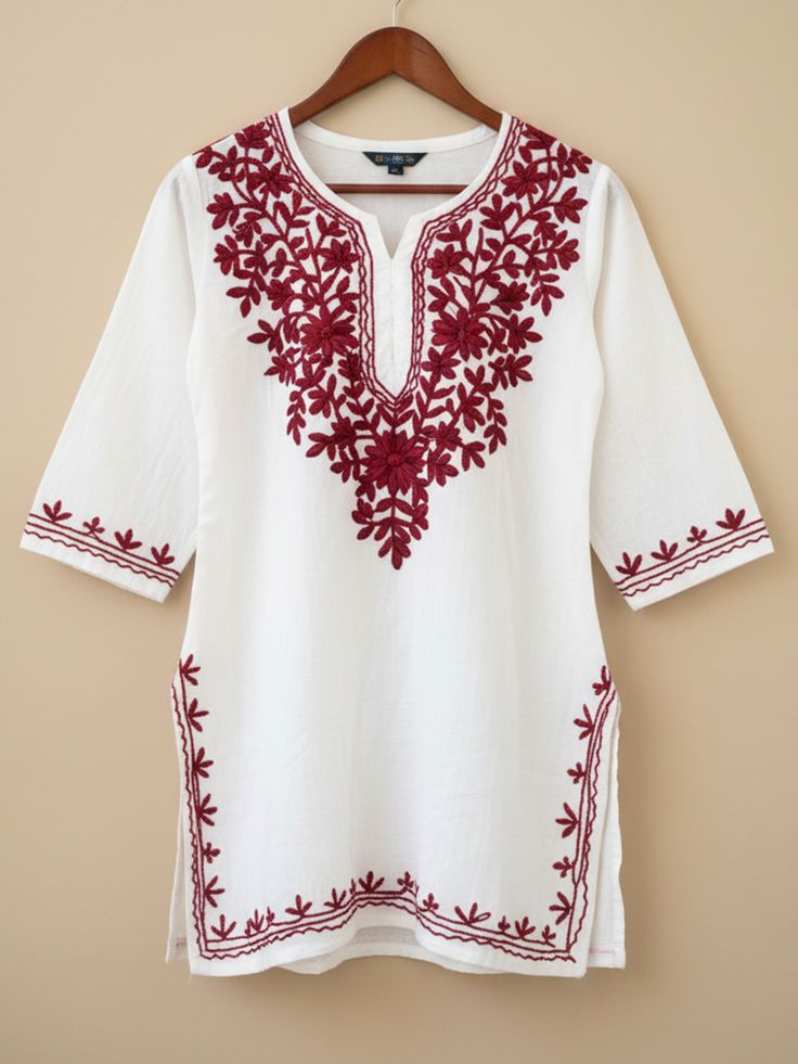 Women White Maroon Embroidered Cotton Kurti