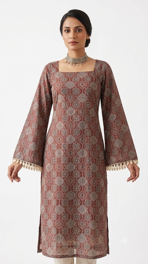 Women Brown Floral Printed Lace Trim Kurti