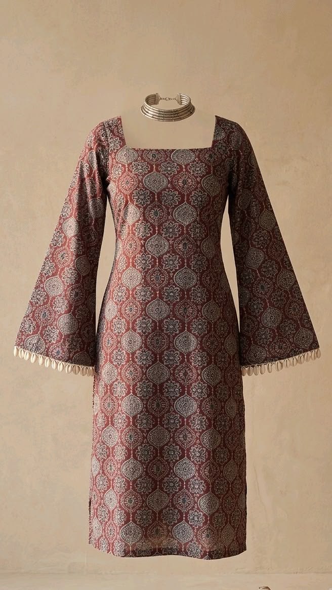 Women Brown Floral Printed Lace Trim Kurti