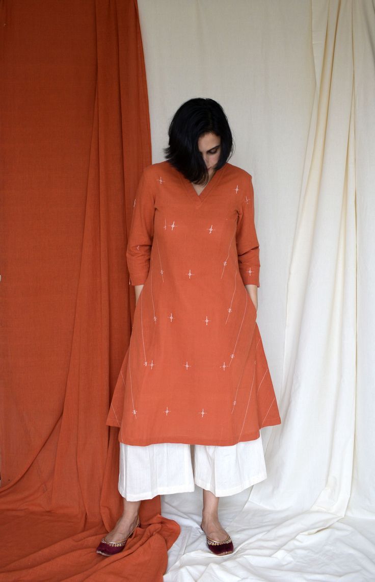 Women Rust Floral Embroidered Kurta with Pants