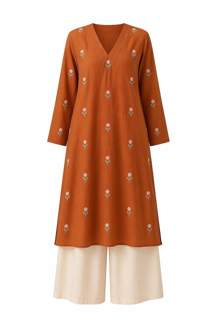 Women Rust Floral Embroidered Kurta with Pants