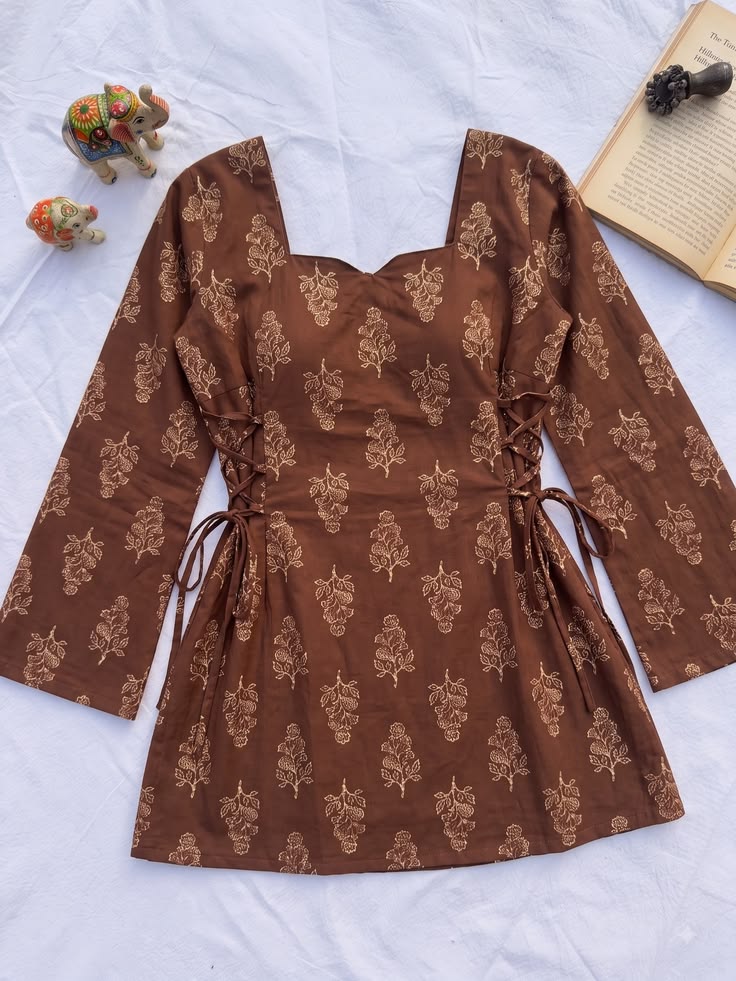 Women Brown Printed Lace-Up Waist Kurti