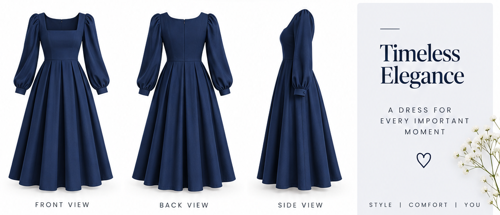 Navy Blue Long Sleeve A-Line Dress