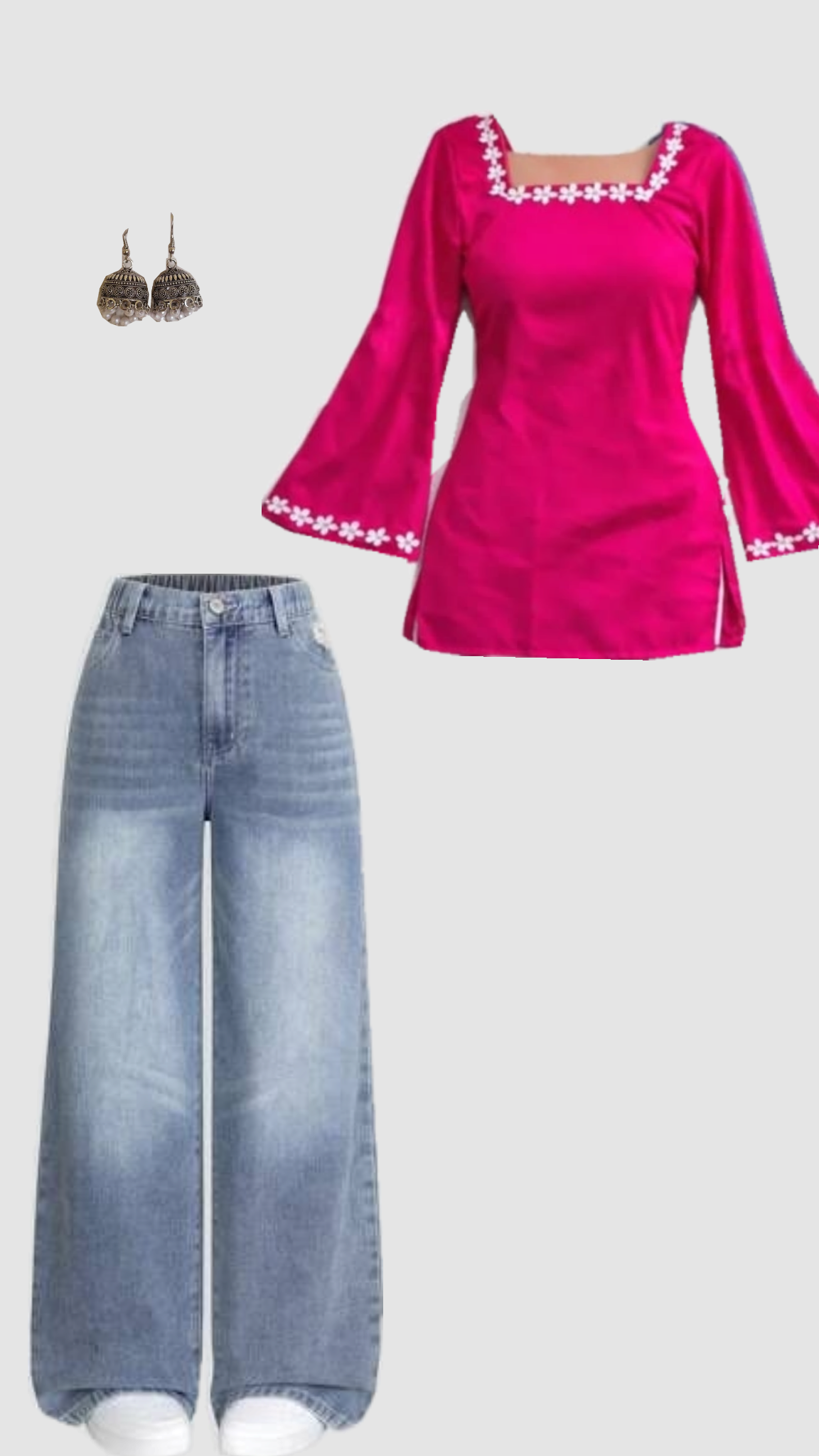 Women Magenta Floral Border Kurti with Jeans