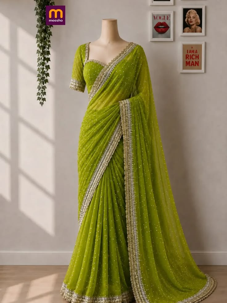 Women Lime Green Embellished Saree with Designer Border