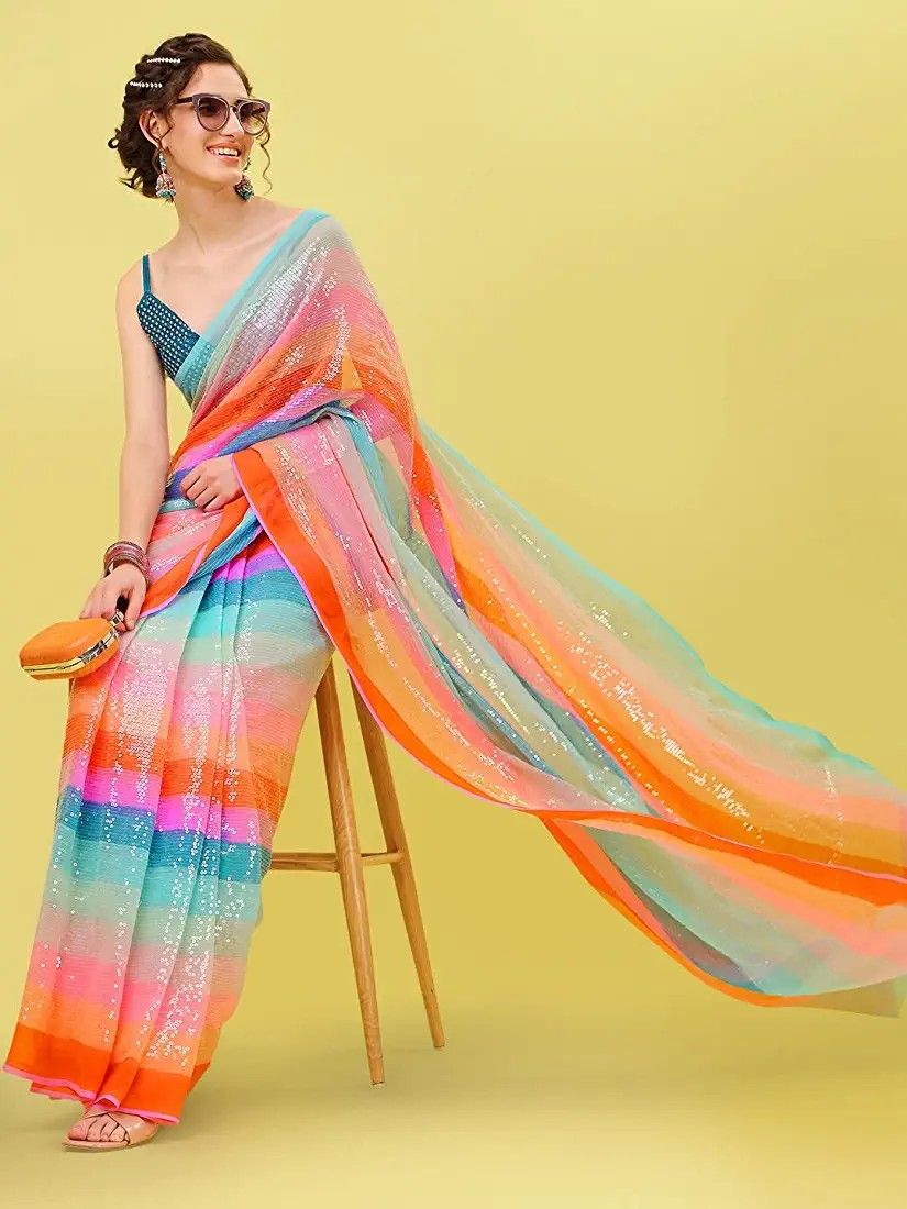 Women Pastel Rainbow Organza Saree with Delicate Border