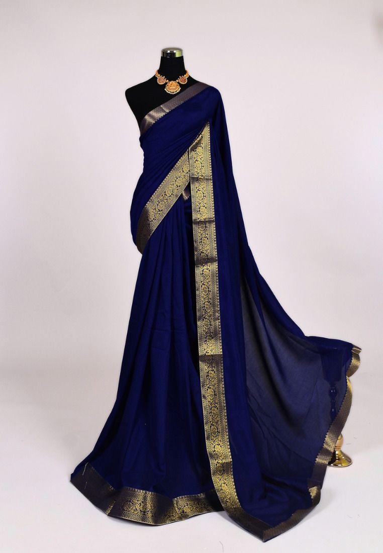 Women Navy Blue Cotton Saree with Golden Border