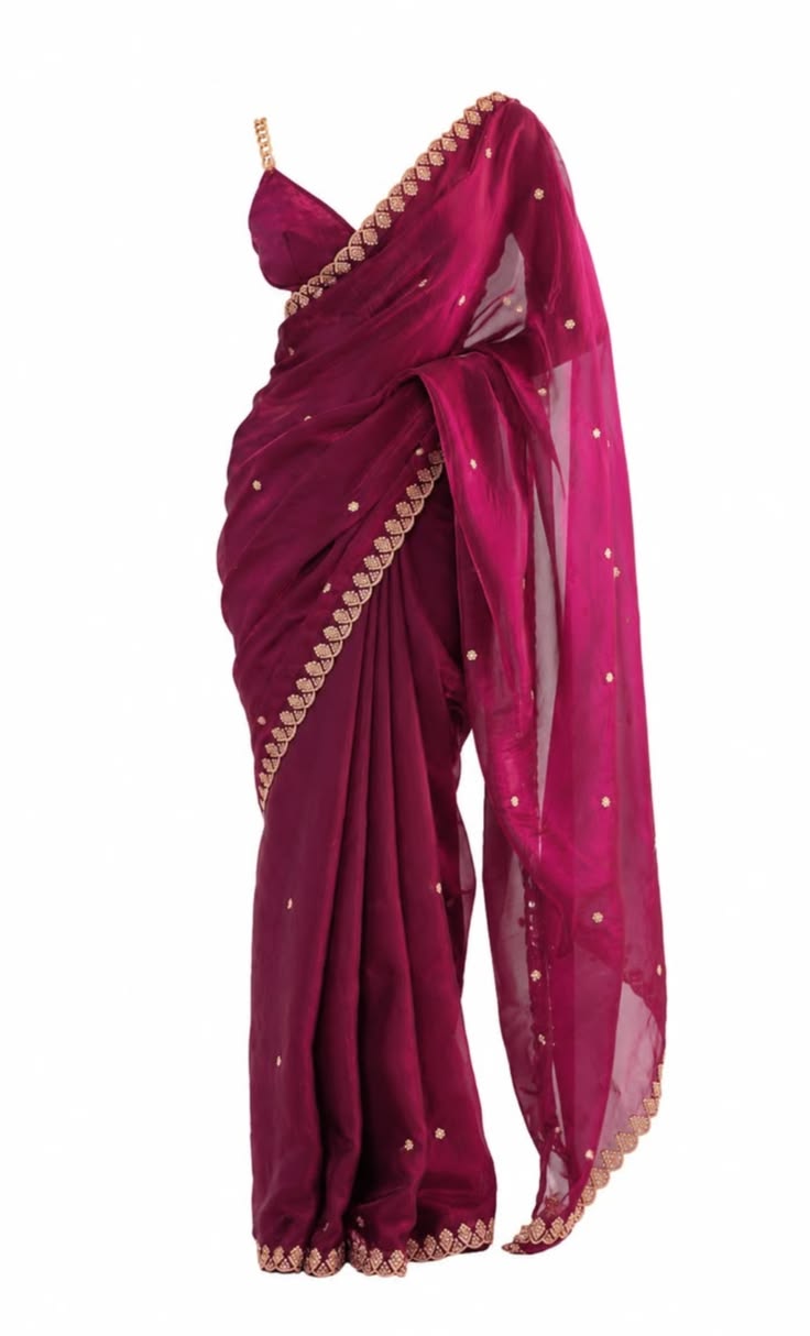 Women Magenta Sheer Saree with Gold Motif Border