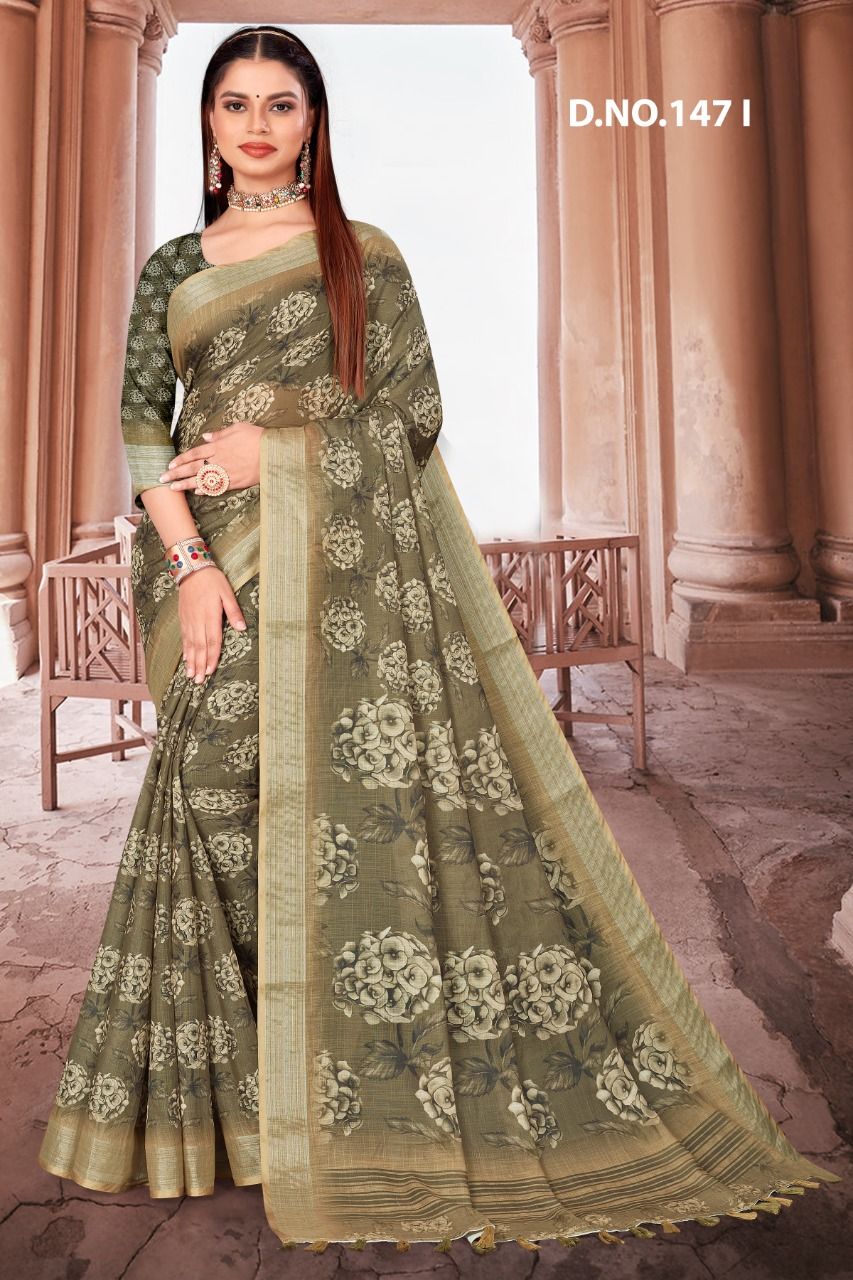 Women Olive Green Floral Printed Saree with Designer Border