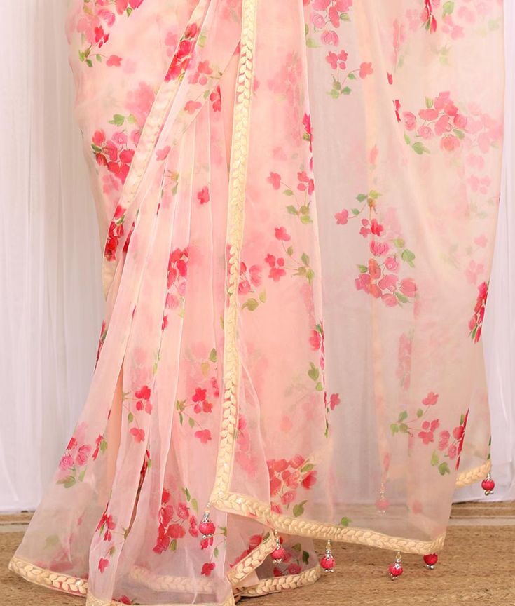 Women Baby Pink Floral Printed Saree with Embellished Border