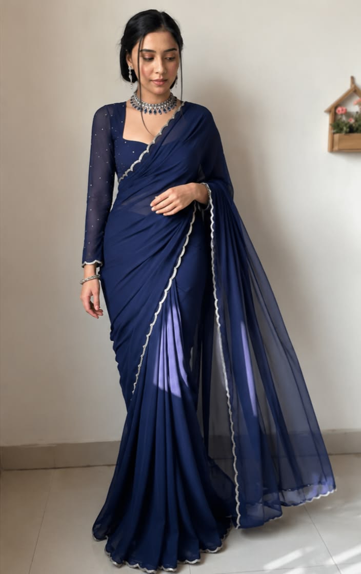 Women Royal Blue Cutwork Saree