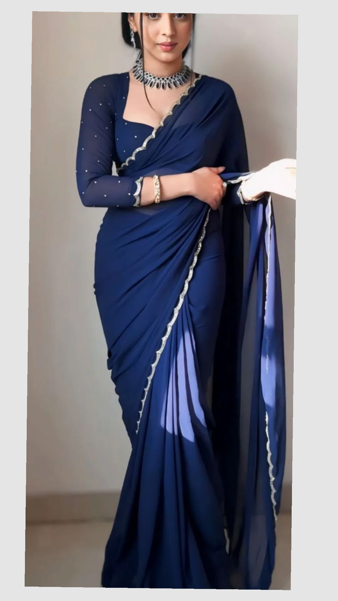 Women Royal Blue Cutwork Saree