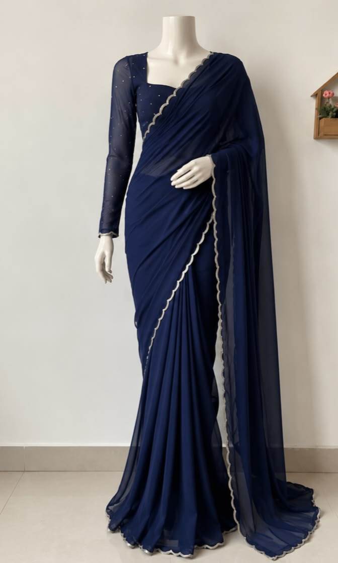 Women Royal Blue Cutwork Saree