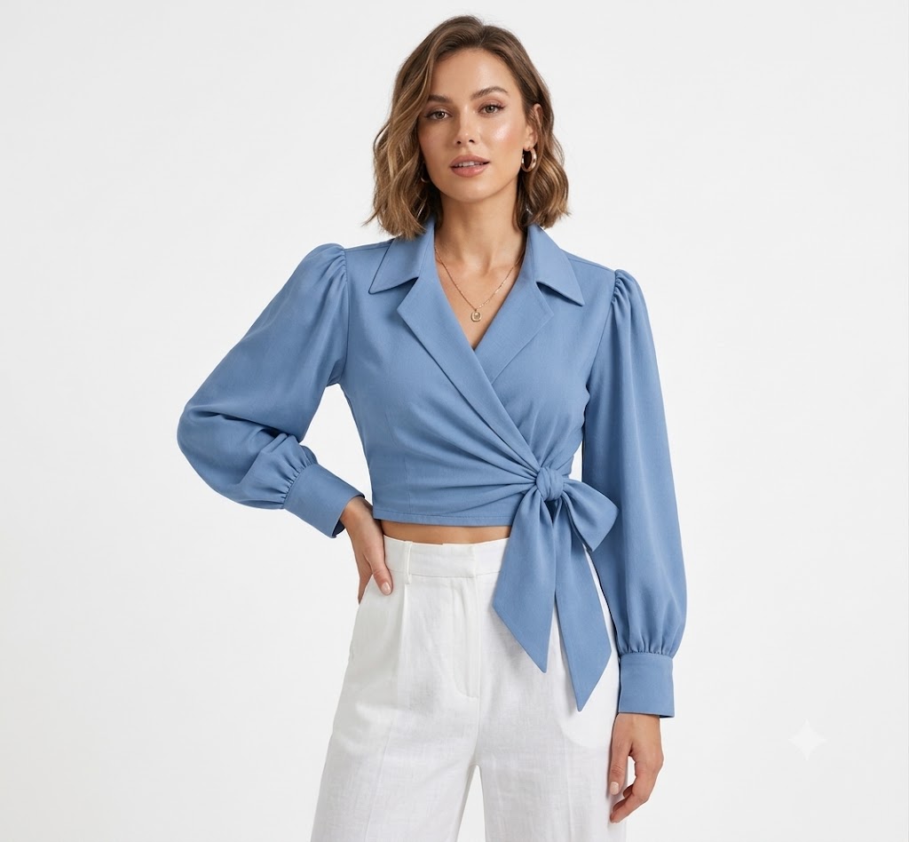 Women Puff Sleeve Wrap Tie Blouse