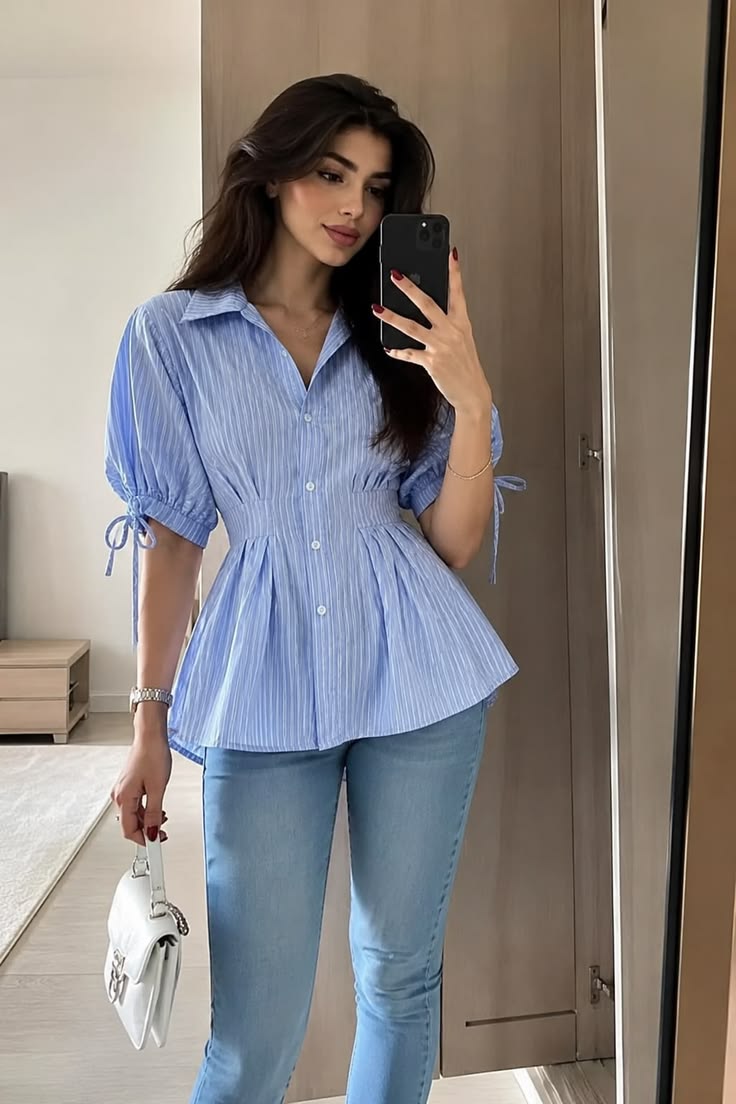 Women Blue Striped Peplum Puff Sleeve Blouse