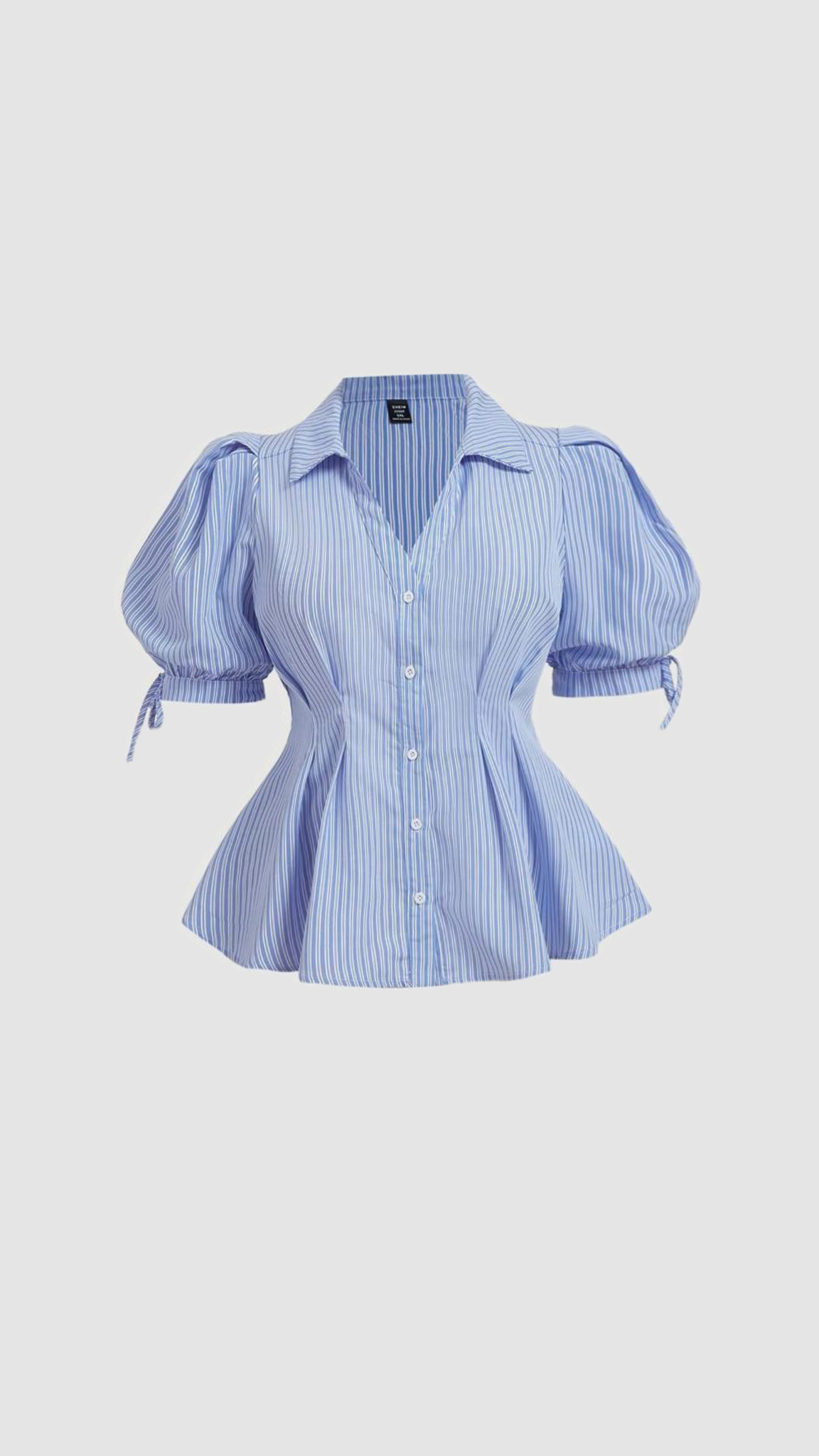 Women Blue Striped Peplum Puff Sleeve Blouse