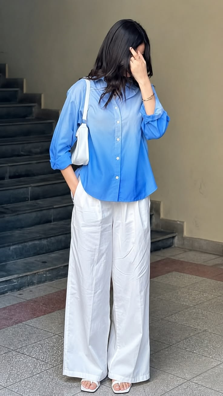 Women Light Blue Casual Button-Down Shirt