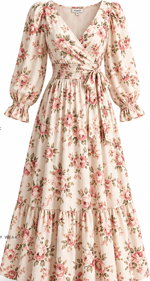 Cream Floral Printed Long Sleeve Maxi Dress