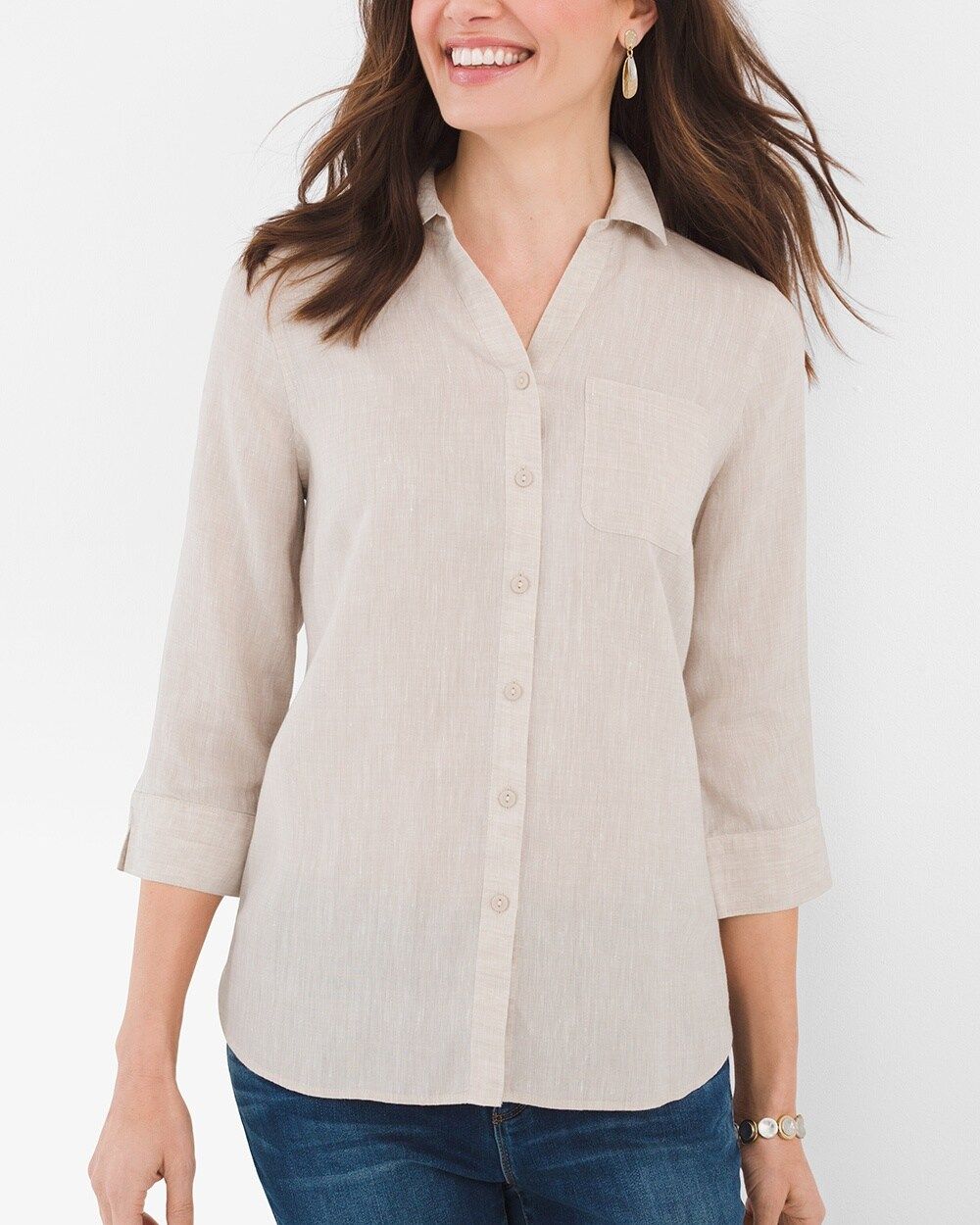 Women Beige Linen Style Roll-Up Sleeve Shirt